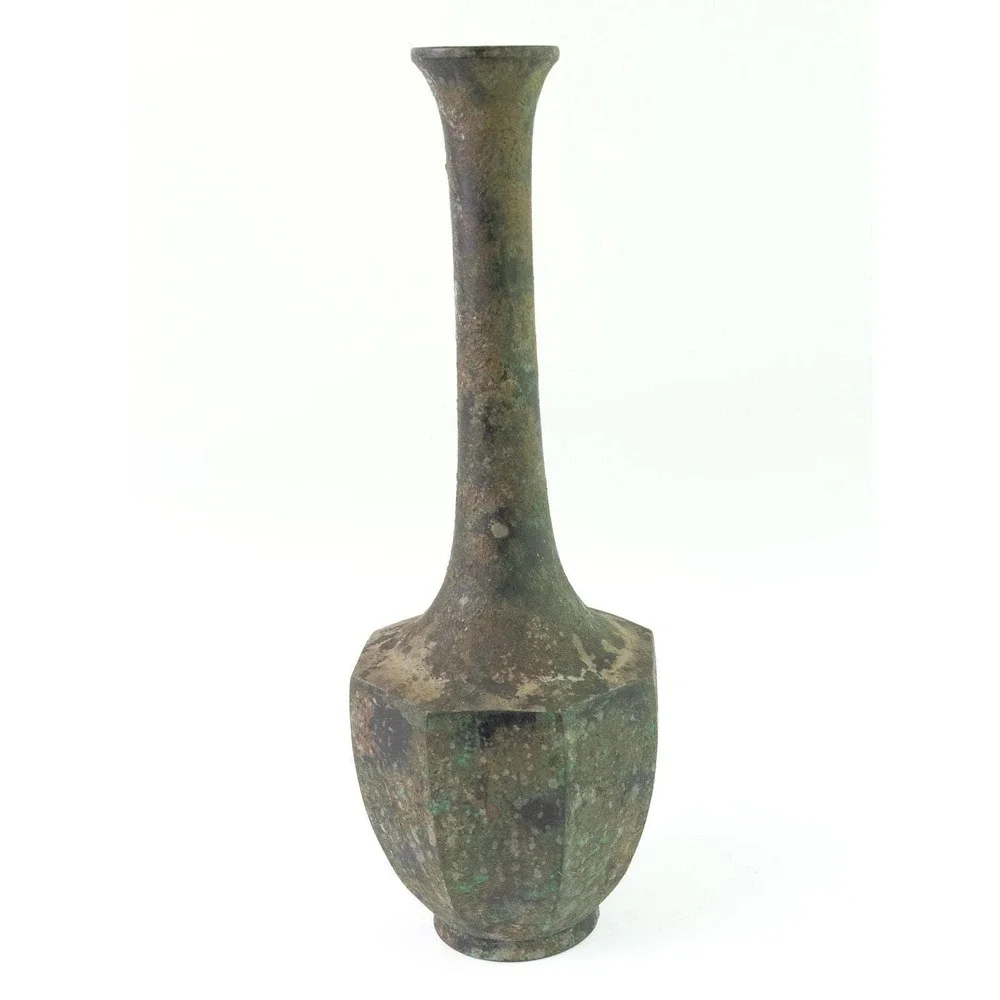 Chinese Bronze Octagonal Long Neck Vase Verdigris Patina